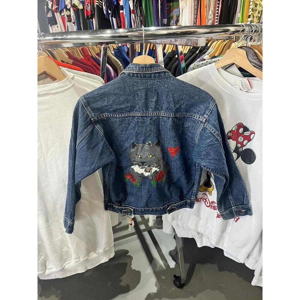 Vintage Plain Pockets Kitty Cat Drawing Denim Blue Jean Trucker Jacket Size 5